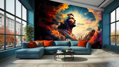 a spectacular sky and Jesus Christ appealing to the Almighty. Generative AI Wall mural