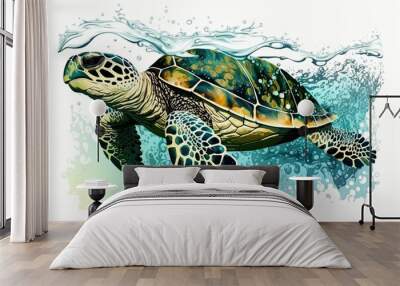 a submerged Hawksbill sea turtle. Generative AI Wall mural