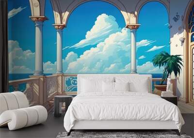 a white balcony on a terrace with a blue sky nearby. Generative AI Wall mural