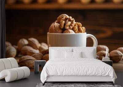 A white cup holds walnuts on a wood backdrop. Healthy nuts are an excellent suggestion. Walnuts are high in LDL cholesterol and antioxidants, both of which aid to prevent atherosclerosis. Wall mural