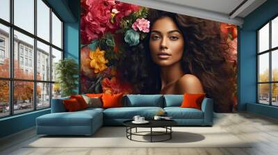 A young Latin woman wearing a swimsuit poses in front of a tree blooming with flowers while adorning her hair with a floral accessory Wall mural