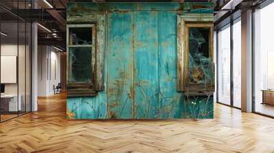 Abandoned house in Chernobyl's radioactive zone with two old, rusty windows and shattered glass. Wall mural