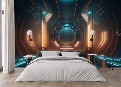 Abstract background with futuristic sci fi empty stage and neon glowing lights. Generative AI Wall mural