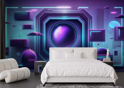 abstract geometric backdrop in purple and blue. notion of cyberpunk. Scene for marketing, technological, banner, cosmetic, fashionable, and commercial purposes. Science fiction illustration. Display o Wall mural