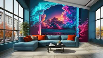 Abstract neon sky with clouds, a luminous square border, and a body of water. Amazing scenery at sea. Generative AI Wall mural