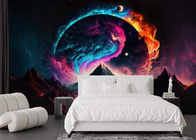 Abstract neon space landscape dream. Month and moon, mountains, fog, and star nebulae. Realistic fantasy setting Horoscopes, zodiac signs, and silhouettes. Generative AI Wall mural