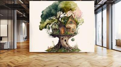 adorable tree home cartoon with a forest motif. Generative AI Wall mural