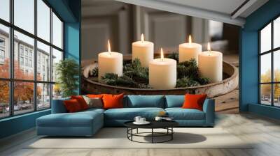 Advent wreath with four lit candles on vintage wooden table Wall mural