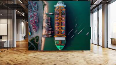 Aerial image of the Cat Lai port in Ho Chi Minh City, Vietnam, on June 1, 2022, showing a cargo ship and a container. Large import export port vital to Ho Chi Minh City's economic growth. Generative Wall mural