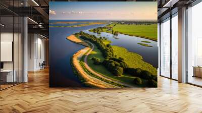 Aerial image of the Dutch province of Overijssel's coastal area and IJsselmeer dike near Zwarte Water. European landscape scene in the wilderness. Generative AI Wall mural