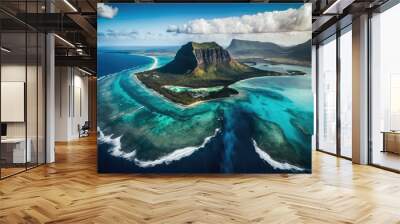 Aerial image of the island of Mauritius, with the renowned Le Morne Brabant mountain, the stunning blue lagoon, and the dramatic underwater waterfall. Generative AI Wall mural