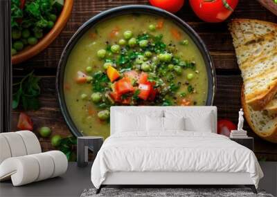 Aerial perspective of a homemade vegetarian green bean soup with assorted vegetables served on a wooden table. Wall mural