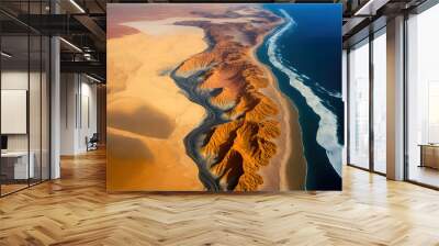 Aerial view of the Skeleton Coast, South Africa, Namibia, and the location where the Namib Desert and the Atlantic Ocean meet. Generative AI Wall mural