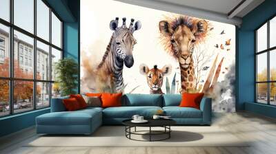 Africa's safari animals are depicted in a continuous design. Illustration of watercolor jungle animal babies. Lion. Giraffe. Elephant. Zebra. Tiger. Generative AI Wall mural