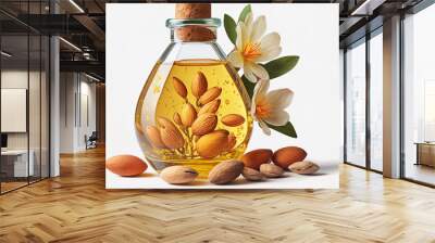 Almond oil in a glass container up close with a bunch of them and a slice, isolated on a white backdrop. Generative AI Wall mural