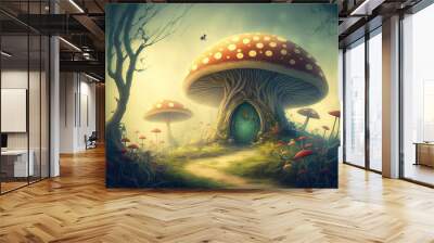 amazing countryside with fog and mushrooms. Alice in Wonderland fairy tale illustration. Generative AI Wall mural