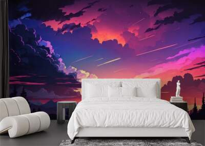 Amazing evening sky Dramatic Sunset, Colorful Sky, Fluffy Clouds, Idyllic Nature, Quiet Background, Beauty Dusk's Dark Blue Hour and Purple Night's Fall the mountain in silhouette at dusk. Generative Wall mural