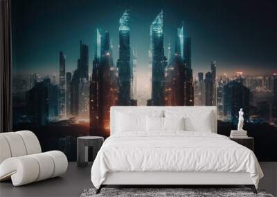 Amazing nighttime view of a huge cityscape illuminated by glowing towers. Megacity as a metaphor for contemporary urban life. Image with tonal variations. Exposure to two different light sources (doub Wall mural