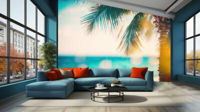 An abstract seascape with a palm tree and a tropical beach serves as the background. Light bokeh of a serene sky and lake. Background for a summer vacation. Generative AI Wall mural