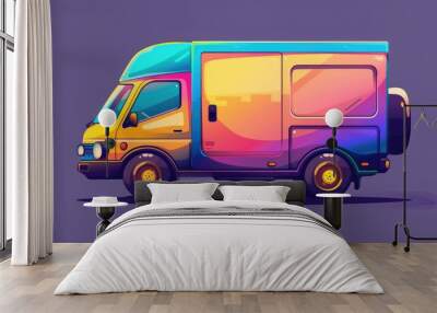 An adorable and vibrant delivery truck illustrated in a cartoon style featuring a colorful design stands alone in this captivating 2d illustration Wall mural