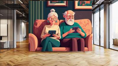 An affectionate senior couple using their smartphones to browse the internet while sitting on their couch at home. Users of mobile applications use their phones. Older spouses using their phones to te Wall mural