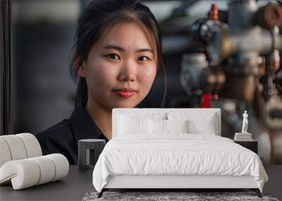 An Asian woman wearing a black shirt is standing in front of a machine, possibly working or inspecting it. Her demeanor indicates focus and concentration on the task at hand. Wall mural