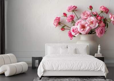 An assortment of lovely pink roses adorning a vase perched elegantly on a shelf against a pristine white backdrop Perfect for occasions like Valentine s Day Easter International Women s Day Wall mural