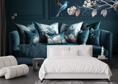 An elegant blue modern velour sofa or sofa bed with pillows. Shop for Soft Furnishings; Idea for Home Decor and Coziness. Generative AI Wall mural