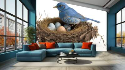 An image of a blue bird on a white backdrop observing the eggs in the nest. Generative AI Wall mural