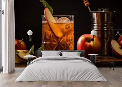 Apple cider cocktail with apple slice, bar utensils, copy space. Wall mural