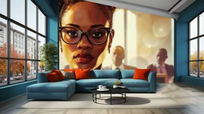 At the company office, an elegant African woman leads her business team. Wall mural