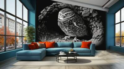 Athene cunicularia, or the burrowing owl, perched on the floor. Nesting Burrowing Owl. Sheltering its burrow, the owl is on guard duty. Generative AI Wall mural