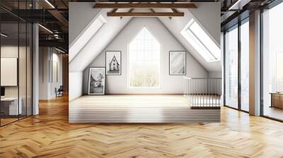 Attic loft with windows, stairwell, and hardwood floor. illustration mockup. Generative AI Wall mural