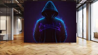 Back view of hacker in hoodie. Dangerous hooded hacker. Internet, cyber crime, cyber attack, system breaking and malware concept. Anonymous. Dark background. Blue neon light. Generative AI Wall mural