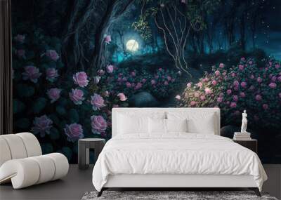 Background from a fantasy fairy tale with a woodland and blossoming pink roses on the ground. Beautiful backdrop of a magical outdoor garden at night. Generative AI Wall mural