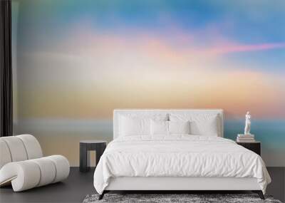 Background of abstract blur morning nature pale gradient sky bright bokeh. Landscape of a joyful, serene medical beach, freedom clean summer light, and a serene skyline with a pastel sunset that is he Wall mural