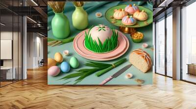 Baku, YasamalAzerbaijan March 9, 2020 Beautiful Novruz table set up in pastel colors with wheat grass semeni, satin ribbon, traditional pastry. National holiday, celebration of spring equinox Wall mural