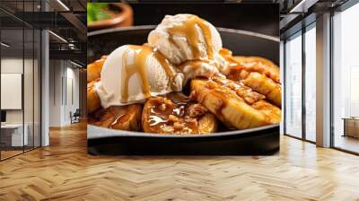 Bananas foster cooked at home with cinnamon ice cream and cast iron pan With copyspace for text Wall mural