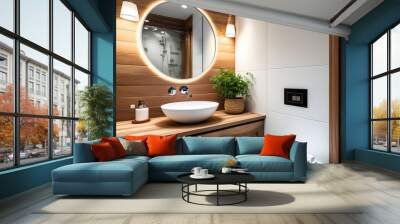 Bathroom interior with ceramic sink on hardwood counter, circular mirror on wall, and toilet in design style. Hotel restrooms are spotless. Vertical. Generative AI Wall mural