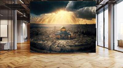 Beautiful aerial panorama of the Old City, the Prophets' Tomb, and the Dome of the Rock. Composite of a dramatic sky and sunrays. Israel's capital is in Jerusalem. Generative AI Wall mural