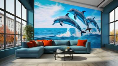 Beautiful bottlenose dolphins leaping from the ocean on a bright day in the sea with pure blue water. Generative AI Wall mural