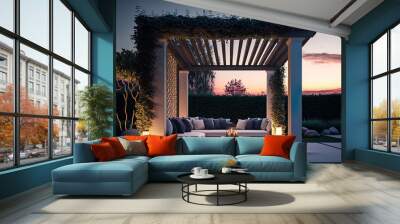 Beautiful contemporary terrace lounge at dusk with a pergola. Generative AI Wall mural