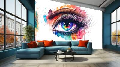 Beautiful illustration of eye makeup. Stunning eye with thick lashes. watercolor hand drawing of a vibrant woman's eye. Concept for a cosmetics line, makeup, and a beauty parlor. Generative AI Wall mural