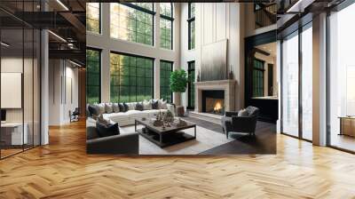 Beautiful living room interior with hardwood floors and fireplace in new luxury home. Large bank of windows hints at exterior view. Generative AI Wall mural