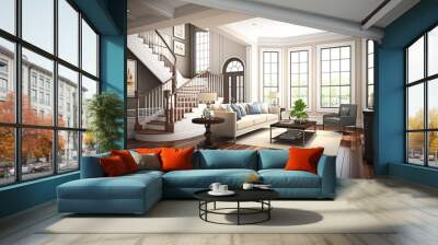 Beautiful living room with hardwood floors in new luxury home. Generative AI Wall mural