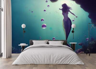 Beautiful mermaid , swimming underwater with fishes and reflective water. High quality illustration Wall mural