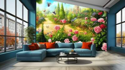 Beautiful summer landscape of wonderland.Fantastic mystical garden with roses and butterflies Wall mural