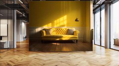 bed and yellow sofa with hardwood floor The window is illuminated, casting shadows on it. with a transparent yellow wall. Generative AI Wall mural