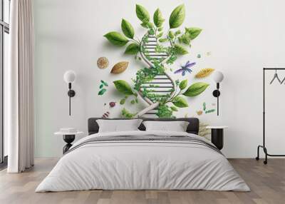 Biology laboratory nature and science, plant and environmental study, DNA, gene therapy, and plants with biochemistry structures on white backgrounds. Generative AI Wall mural