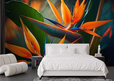 Bird of Paradise flowers in natural background. Generative AI Wall mural